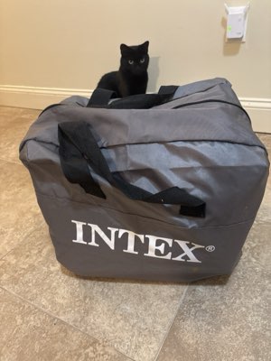 Intex air bed with built-in Quickfill Plus pump, in its carry bag