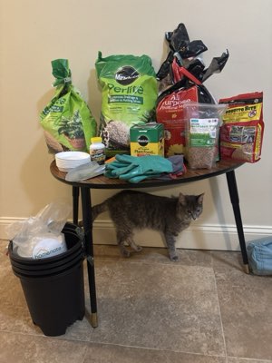 Gardening lot: soil, perlite, pots, feed and tools
