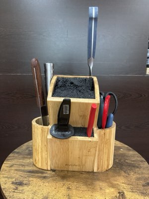 Bamboo knife block with knives and blade tools
