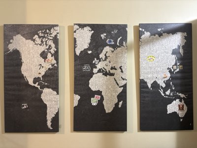 World map canvas panels with pins