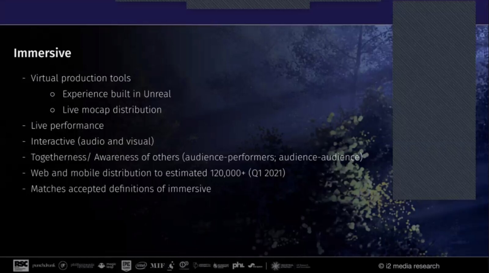 Slide defining what 'immersive' meant for Dream: virtual production tools, live performance, interactivity, web distribution