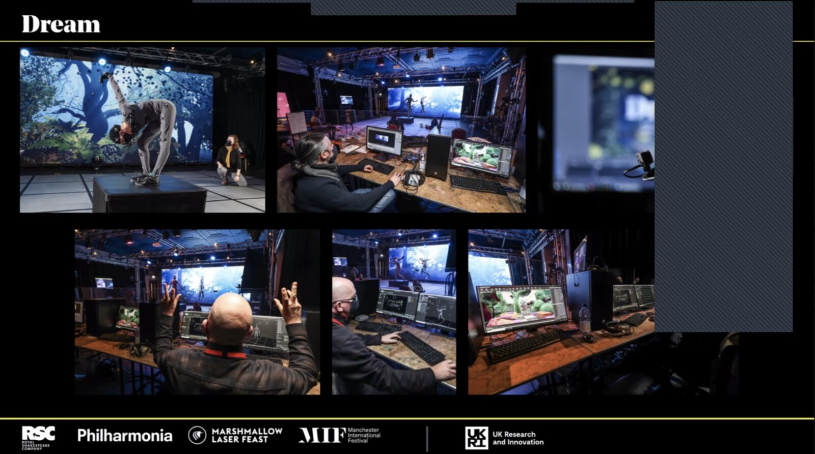 Behind-the-scenes photos of the Dream production studio: a mocap performer on a plinth and crew working at banks of monitors