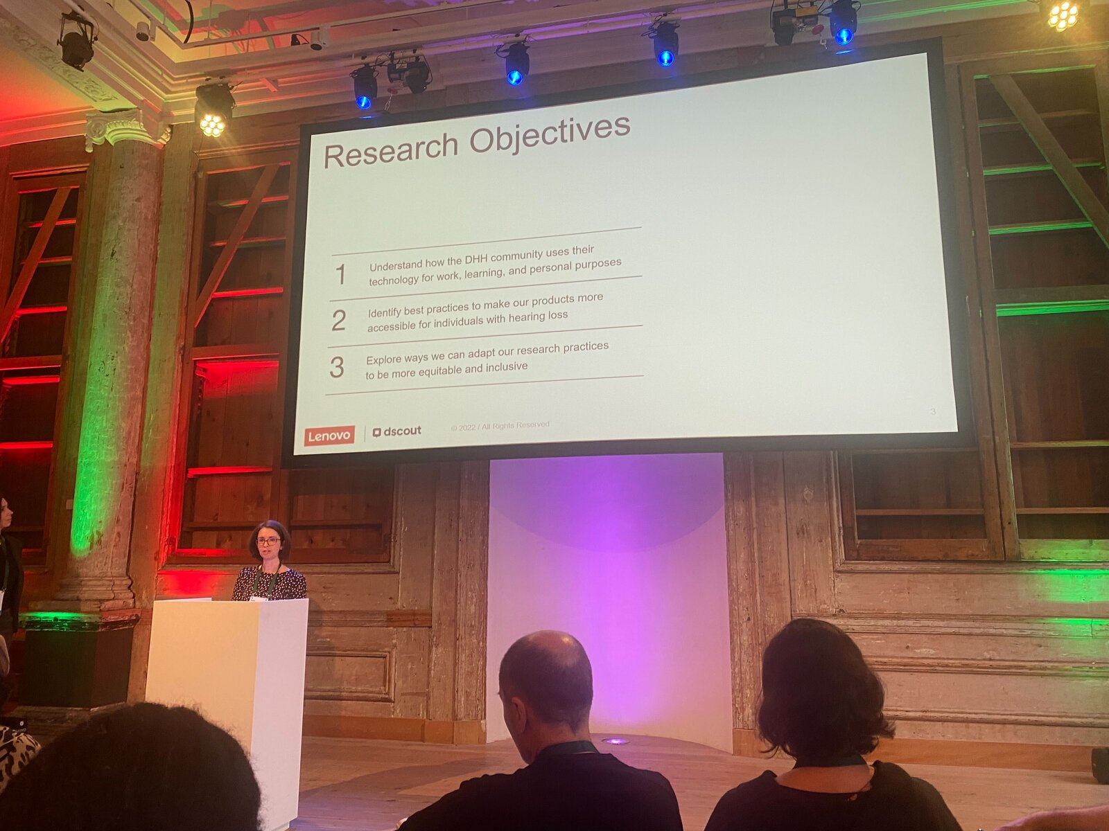 Research Objectives slide from Lenovo and dscout listing three goals about the deaf and hard-of-hearing community