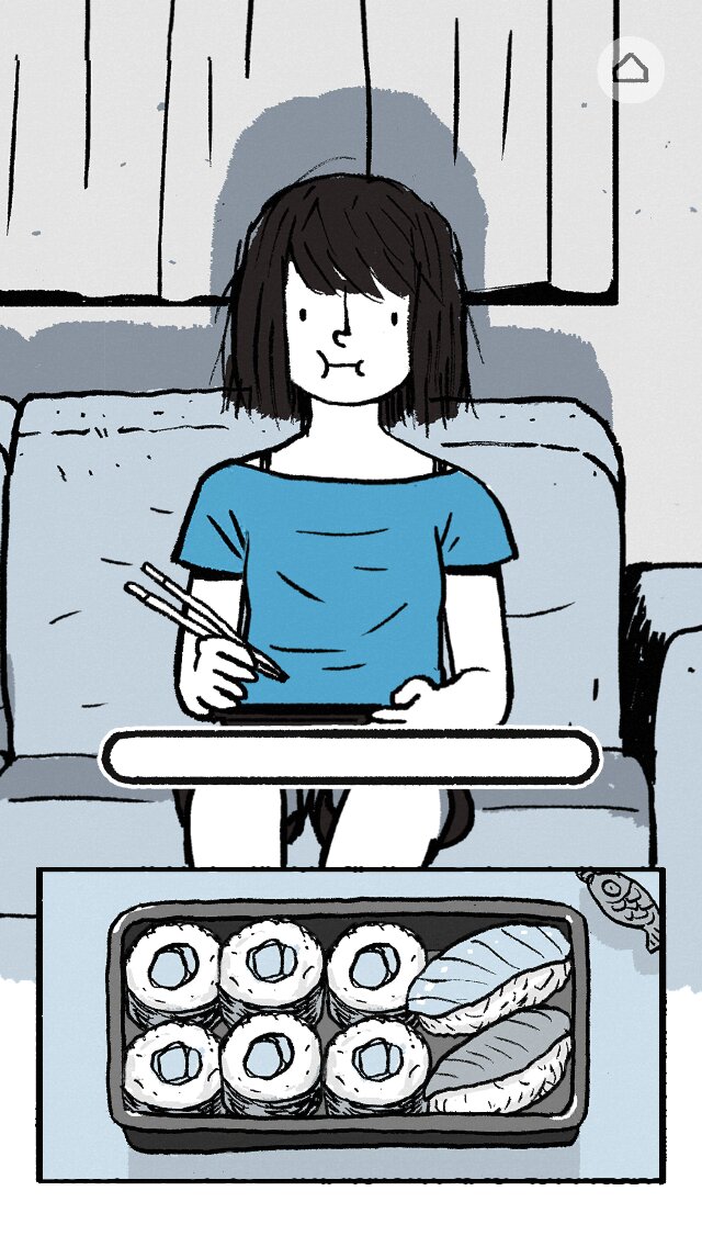Florence sits on a sofa with chopsticks above an empty progress bar, a sushi box of 8 pieces below