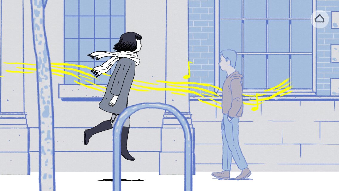 Florence runs along a street toward a man, yellow musical notes flowing between them