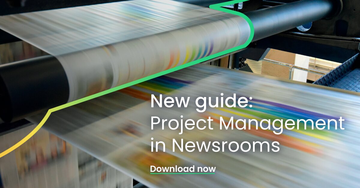 Cover graphic for the guide showing a newspaper printing press, titled New guide: Project Management in Newsrooms with a Download now link